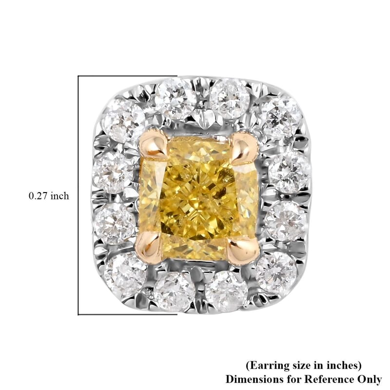 14K White & Yellow Gold Natural Yellow Diamond Cushion with White Diamond Halo Stud Earrings 0.50 ctw