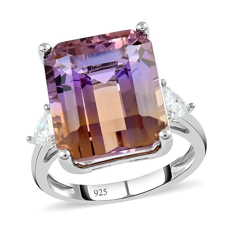 Anahi Ametrine and Moissanite Trilogy Ring in Sterling Silver (Size 10.0) 10.70 ctw