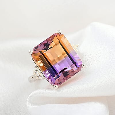 Anahi Ametrine and Moissanite Trilogy Ring in Sterling Silver (Size 10.0) 10.70 ctw