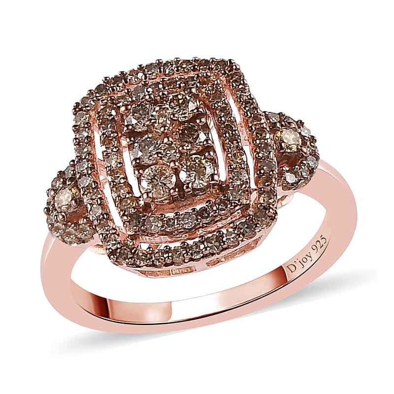 Natural Champagne Diamond Cluster Ring in Vermeil Rose Gold Over Sterling Silver (Size 10.0) 0.75 ctw