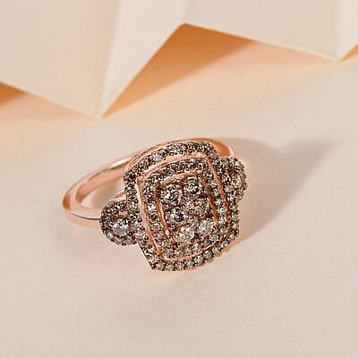 Natural Champagne Diamond Cluster Ring in Vermeil Rose Gold Over Sterling Silver (Size 10.0) 0.75 ctw