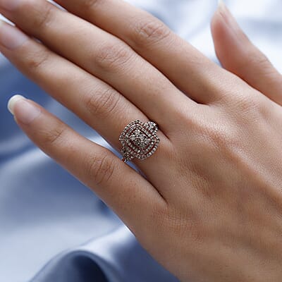 Natural Champagne Diamond Cluster Ring in Vermeil Rose Gold Over Sterling Silver (Size 10.0) 0.75 ctw