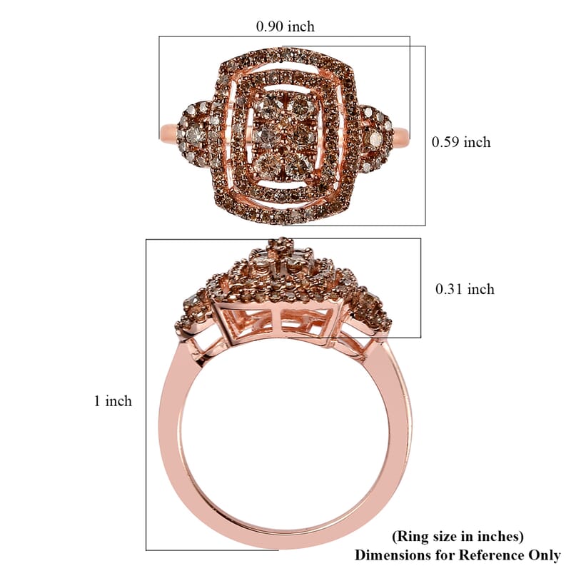 Natural Champagne Diamond Cluster Ring in Vermeil Rose Gold Over Sterling Silver (Size 10.0) 0.75 ctw