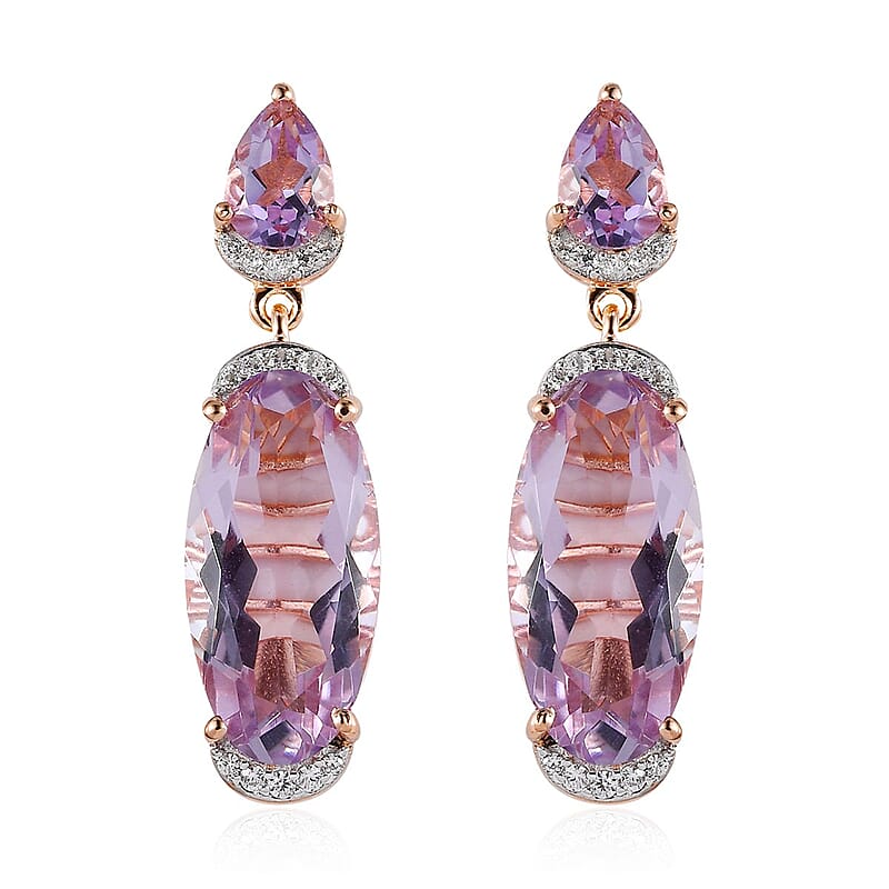 Rose De France Amethyst and White Zircon Dangling Earrings in Vermeil Rose Gold Over Sterling Silver 12.85 ctw