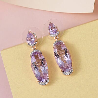 Rose De France Amethyst and White Zircon Dangling Earrings in Vermeil Rose Gold Over Sterling Silver 12.85 ctw