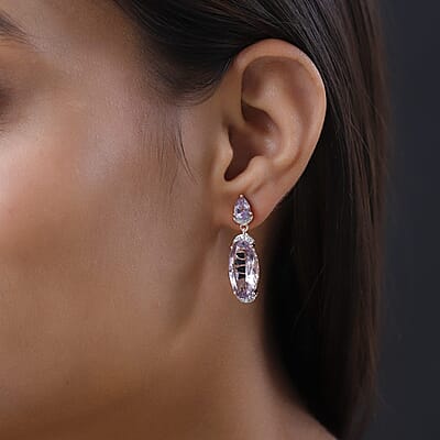 Rose De France Amethyst and White Zircon Dangling Earrings in Vermeil Rose Gold Over Sterling Silver 12.85 ctw