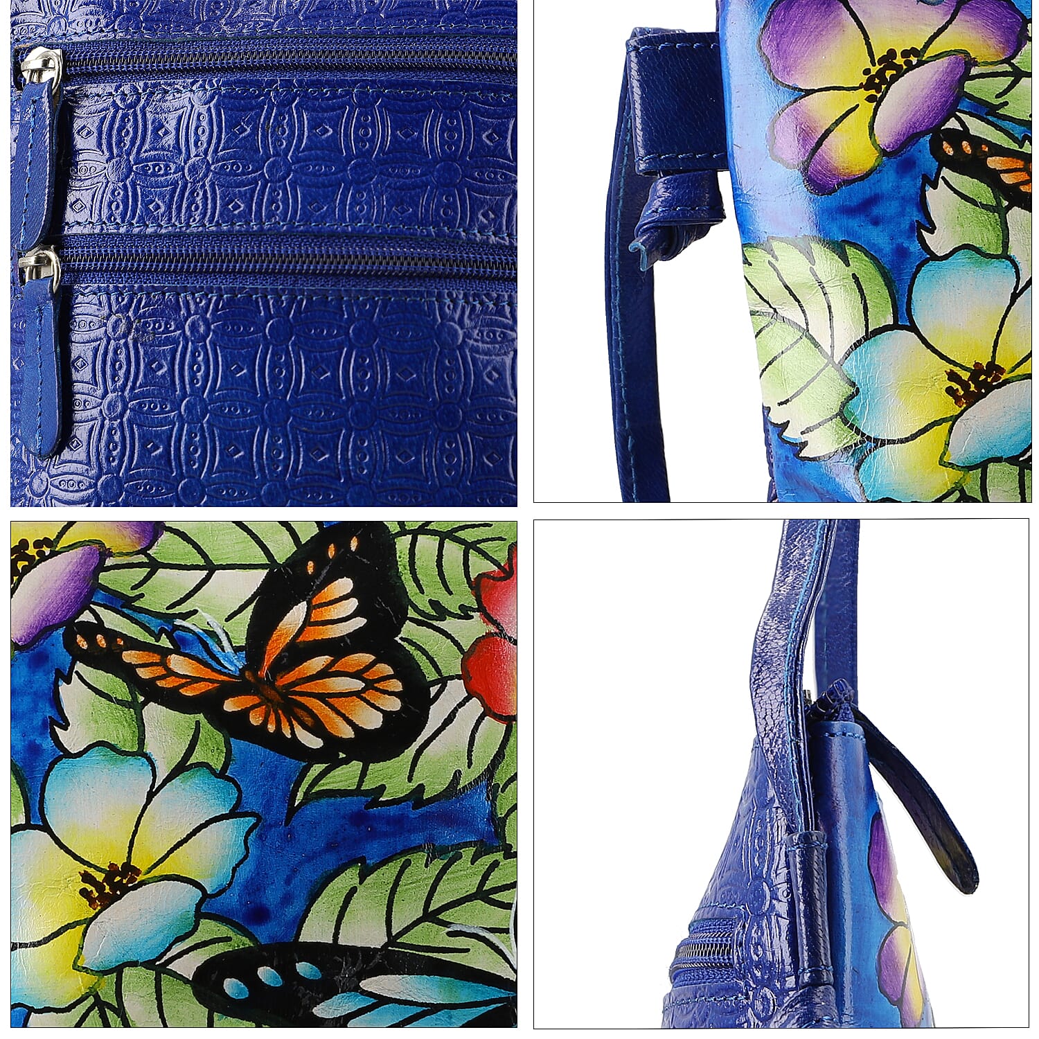 Vivid by Sukriti Blue Butterfly & Flower Pattern Hand Painted Genuine Leather Crossbody Bag