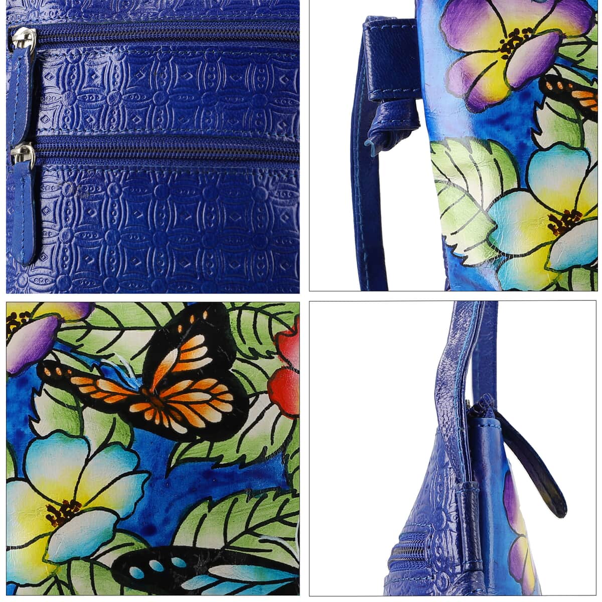 VIVID by SUKRITI Butterfly Theme Hand Painted Genuine Leather Crossbody Bag Size: 6.2(L) x 7.8(H) inches Color: Blue image number 2