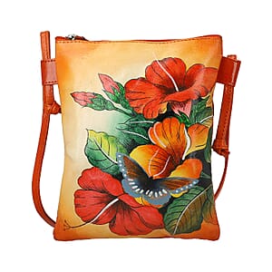 Vivid by Sukriti Orange Floral & Leaf Pattern Hand Painted Genuine Leather Crossbody Bag