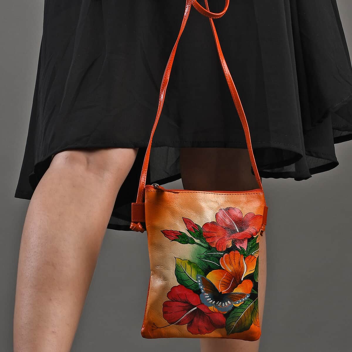 Bag | Hibiscus Hand-Painted Leather Crossbody Bag | Petalura