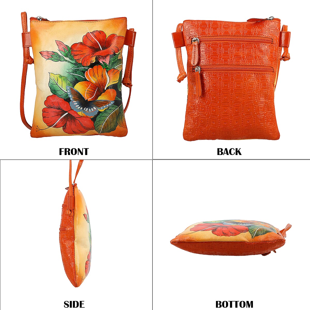 Vivid by Sukriti Orange Floral & Leaf Pattern Hand Painted Genuine Leather Crossbody Bag image number 2