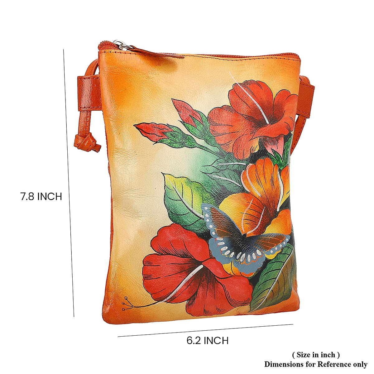 Vivid by Sukriti Orange Floral & Leaf Pattern Hand Painted Genuine Leather Crossbody Bag image number 4