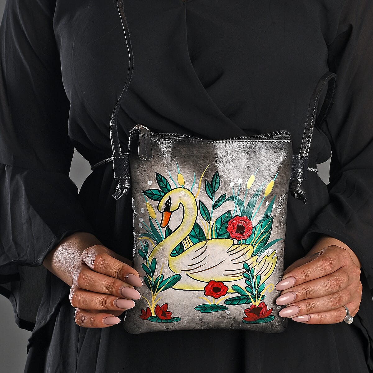 Vivid by Sukriti Gray Swan Pattern Hand Painted Genuine Leather Crossbody Bag image number 1