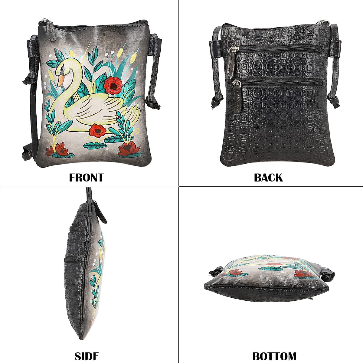 Vivid by Sukriti Gray Swan Pattern Hand Painted Genuine Leather Crossbody Bag image number 2
