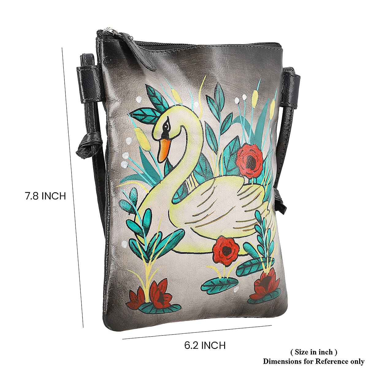 Vivid by Sukriti Gray Swan Pattern Hand Painted Genuine Leather Crossbody Bag image number 4