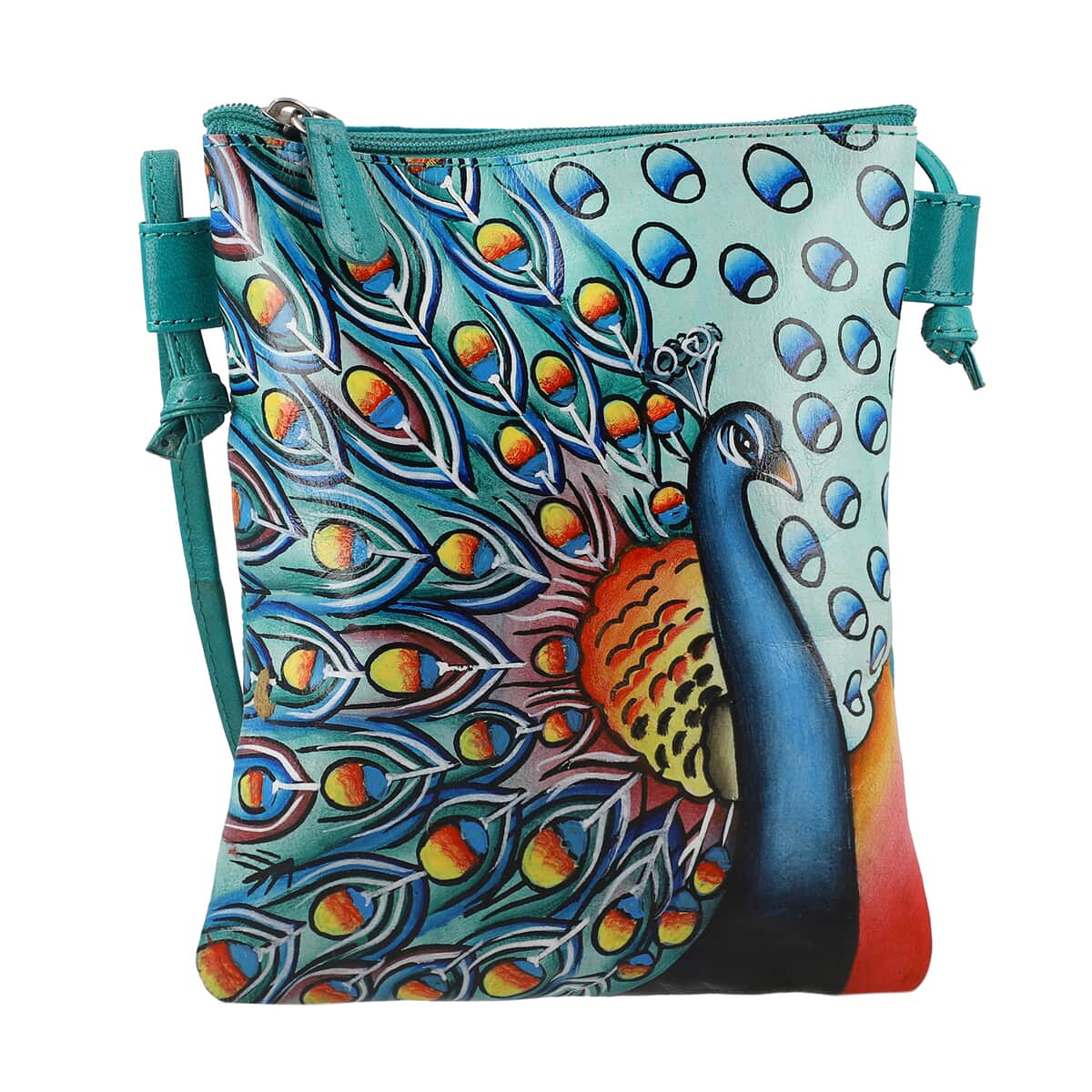 Vivid by Sukriti Sea Green Peacock Pattern Hand Painted Genuine Leather Crossbody Bag image number 0