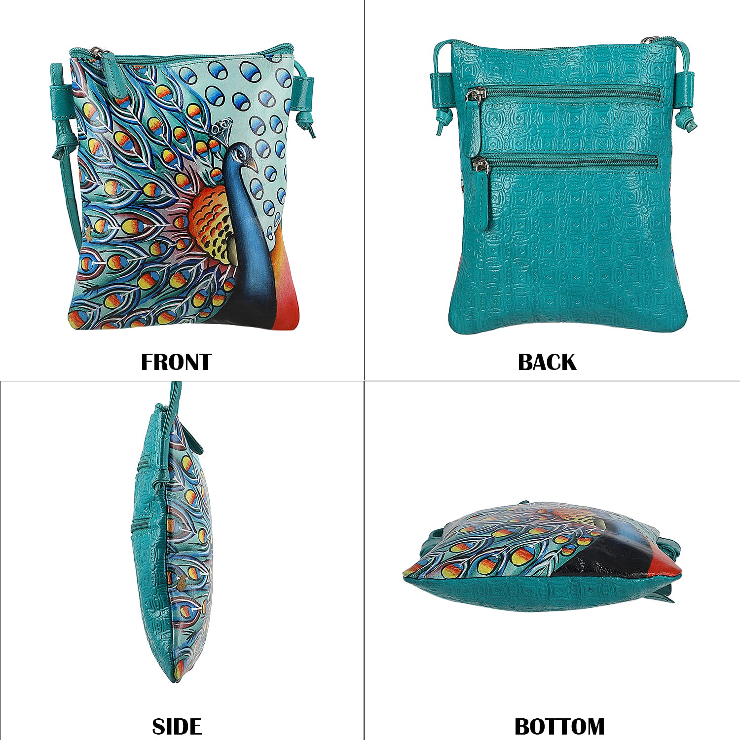 Vivid by Sukriti Sea Green Peacock Pattern Hand Painted Genuine Leather Crossbody Bag