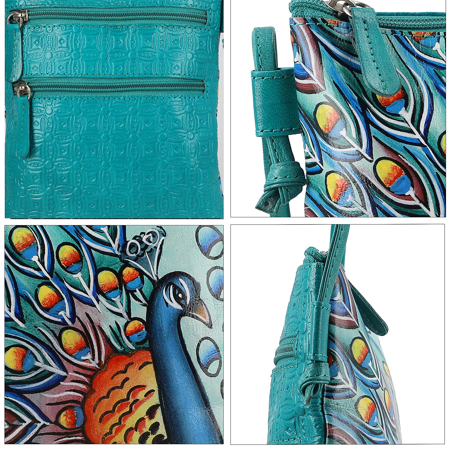 Vivid by Sukriti Sea Green Peacock Pattern Hand Painted Genuine Leather Crossbody Bag
