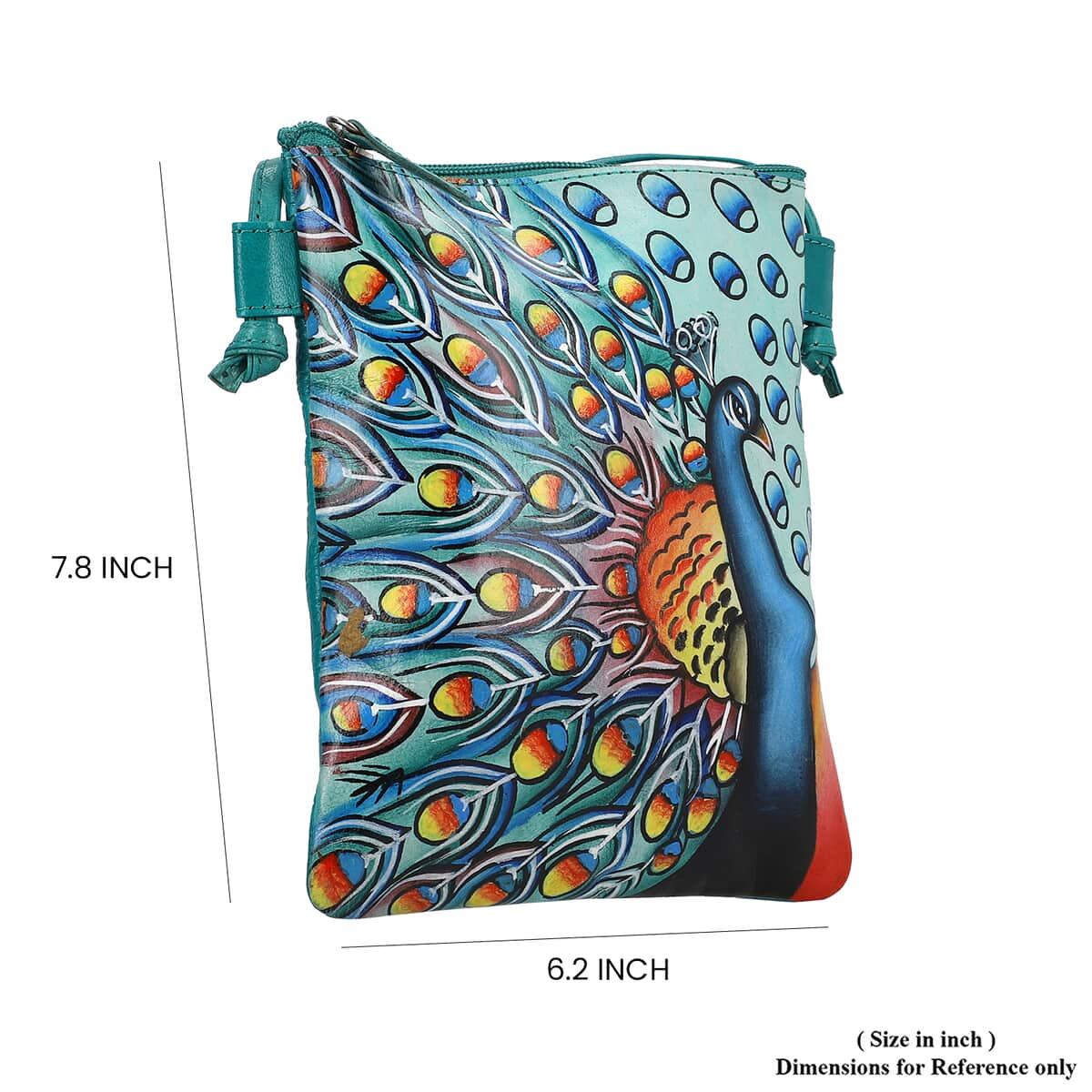 Vivid by Sukriti Sea Green Peacock Pattern Hand Painted Genuine Leather Crossbody Bag image number 4