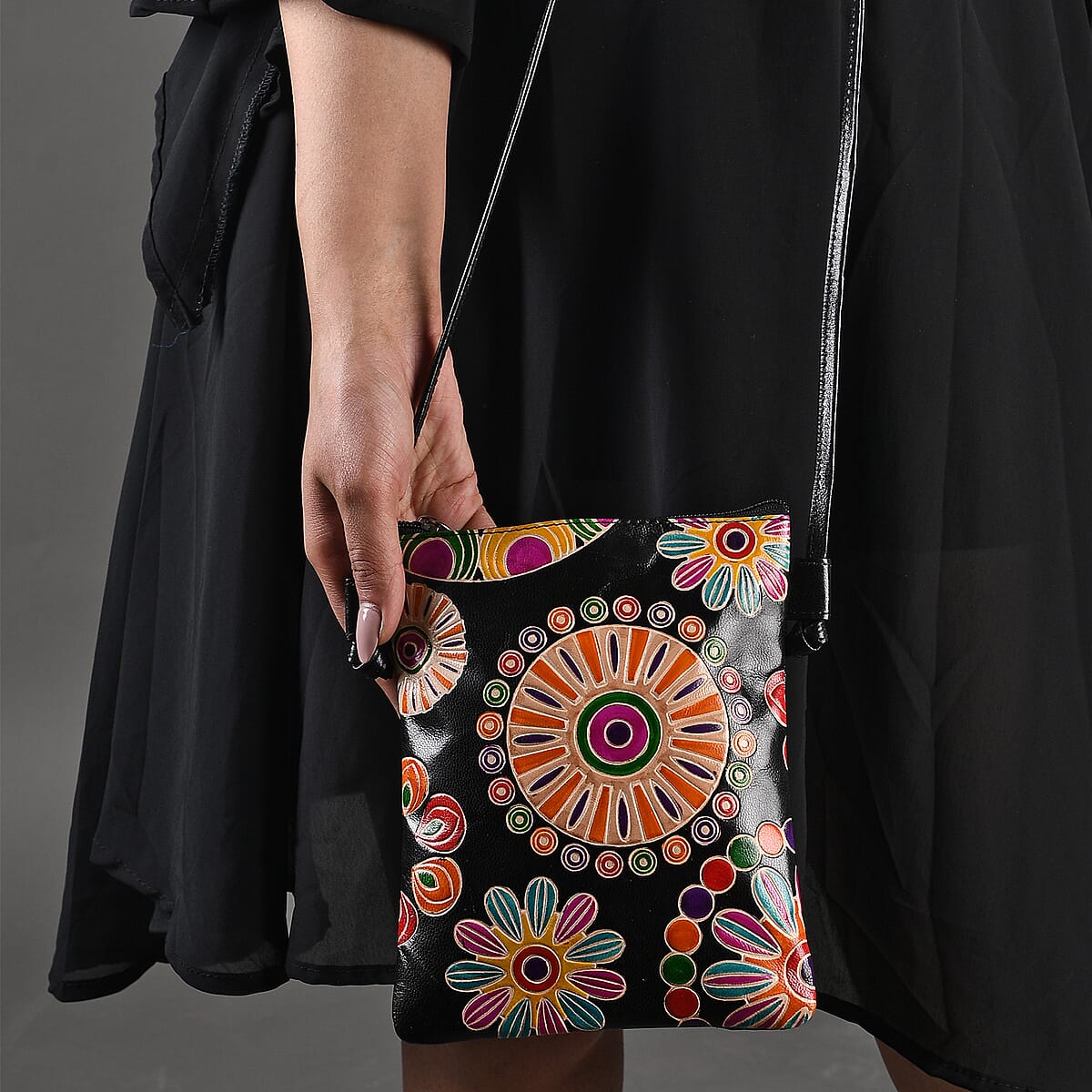Vivid by Sukriti Black Mandala Pattern Hand Painted Genuine Leather Crossbody Bag image number 1
