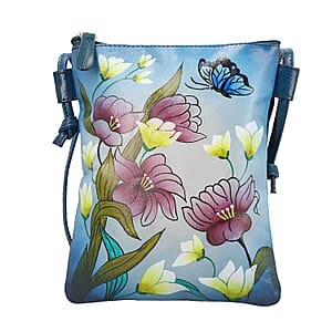 Vivid by Sukriti Petrol Blue Floral and Butterfly Pattern Hand Painted Genuine Leather Crossbody Bag