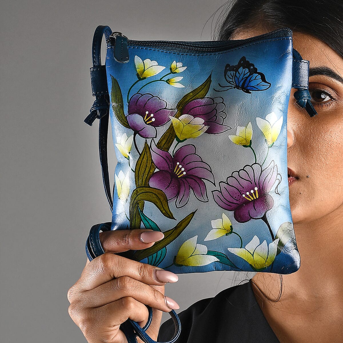Vivid by Sukriti Petrol Blue Floral and Butterfly Pattern Hand Painted Genuine Leather Crossbody Bag image number 1