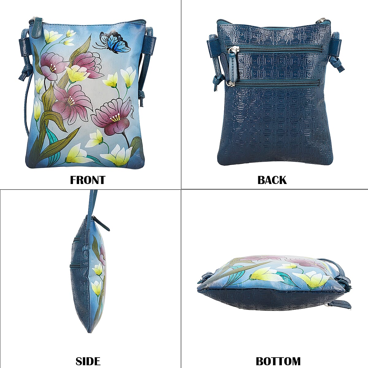 Vivid by Sukriti Petrol Blue Floral and Butterfly Pattern Hand Painted Genuine Leather Crossbody Bag image number 2