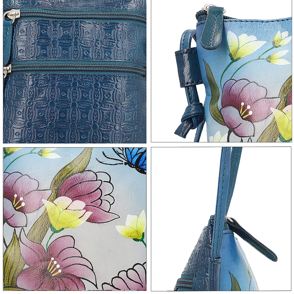 Vivid by Sukriti Petrol Blue Floral and Butterfly Pattern Hand Painted Genuine Leather Crossbody Bag image number 3