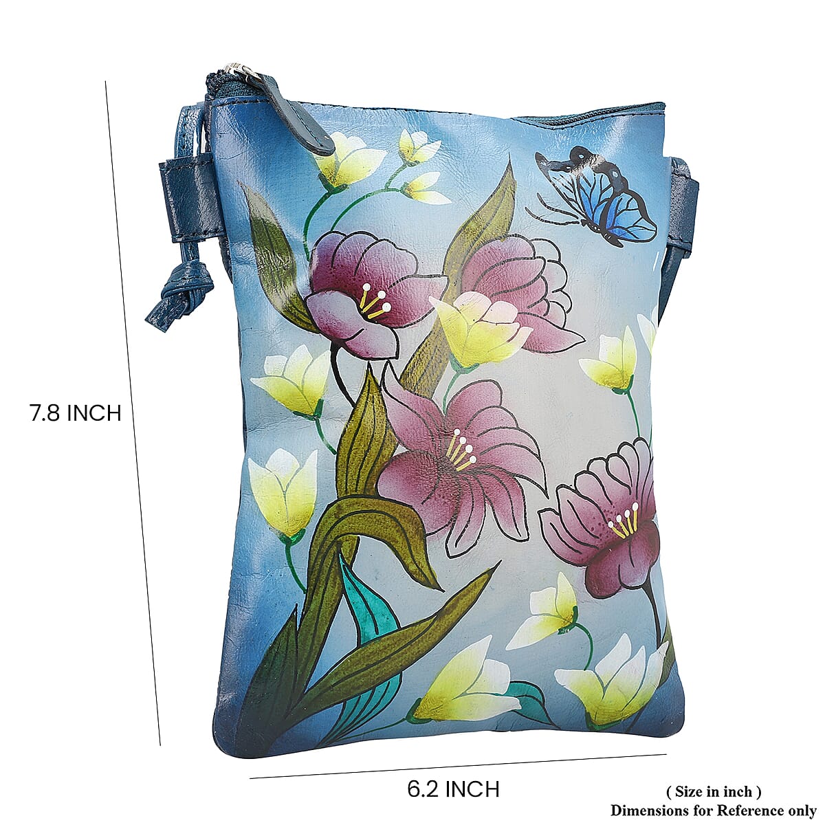 Vivid by Sukriti Petrol Blue Floral and Butterfly Pattern Hand Painted Genuine Leather Crossbody Bag image number 4