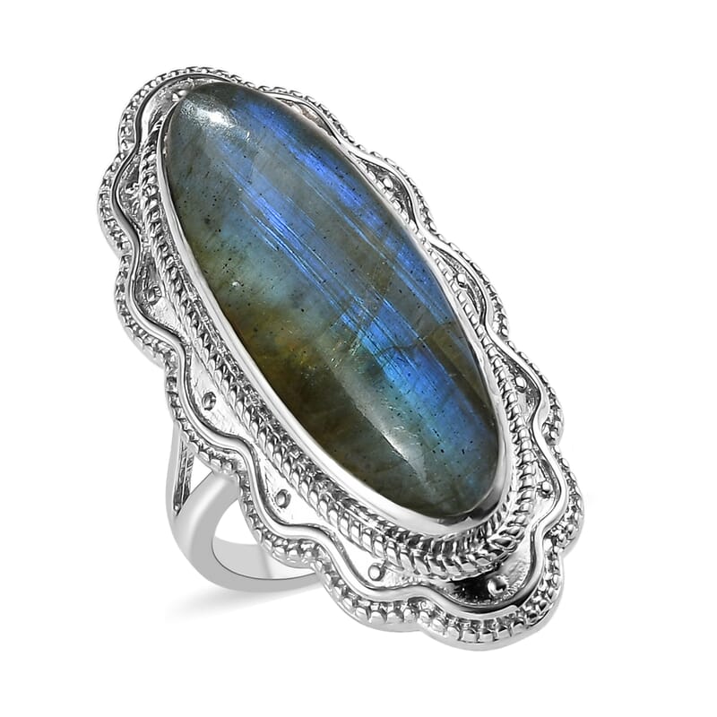 Malagasy Labradorite Solitaire Ring in Platinum Over Copper with Magnet (Size 10.0) 14.75 ctw