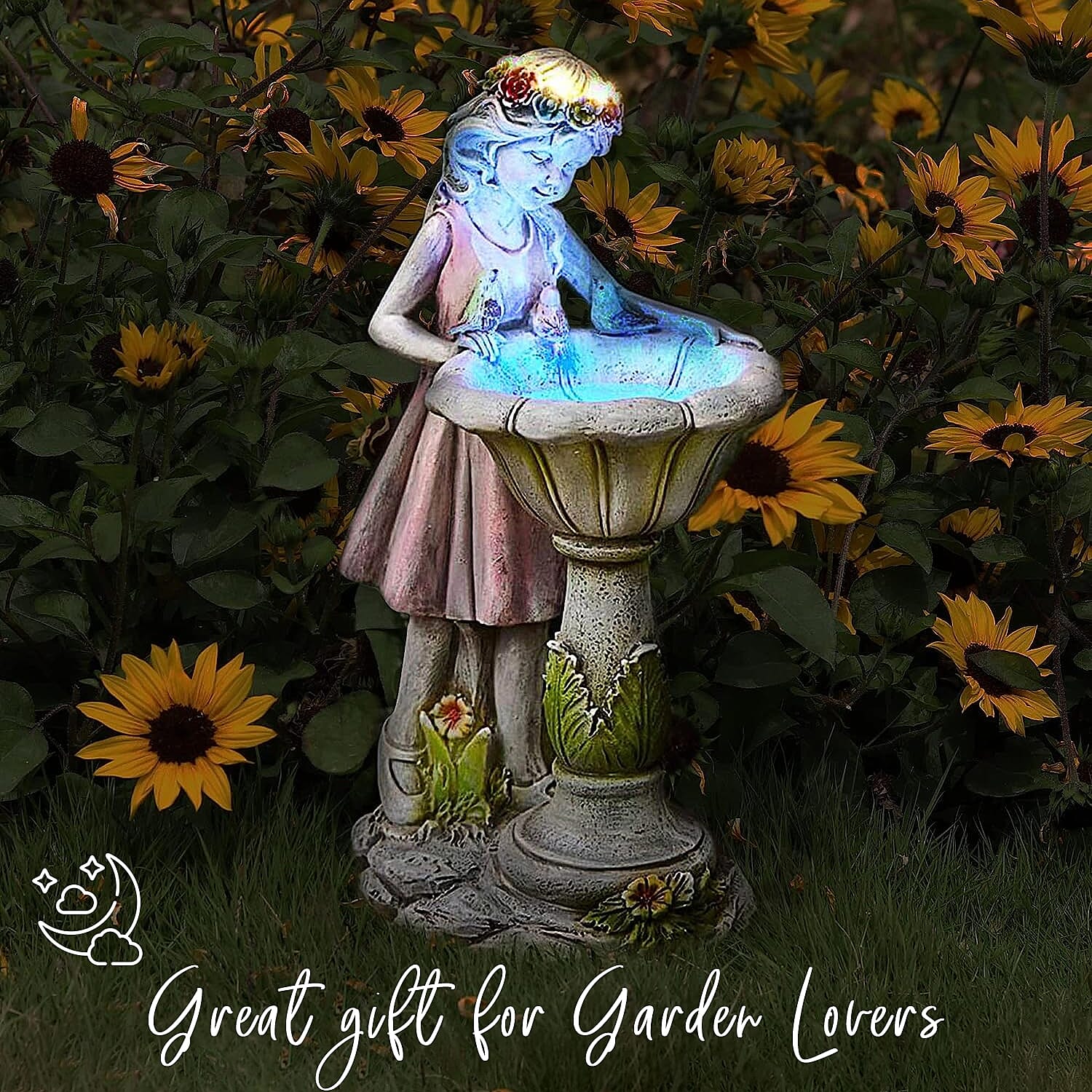 Outdoor Lighting Solar Girl Statue with Bird Bath