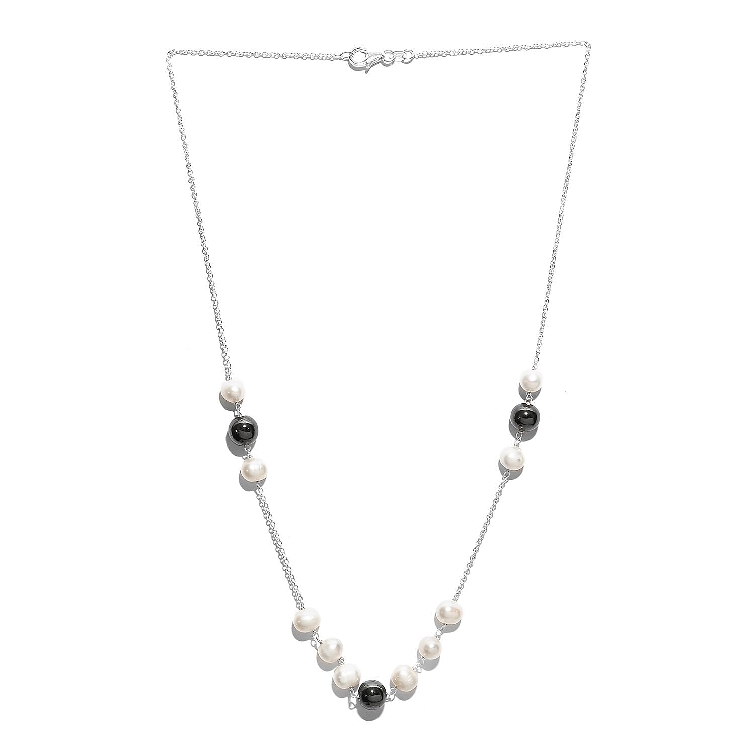 White Freshwater Pearl and Hematite Necklace 20 Inches in Sterling Silver 20.90 ctw
