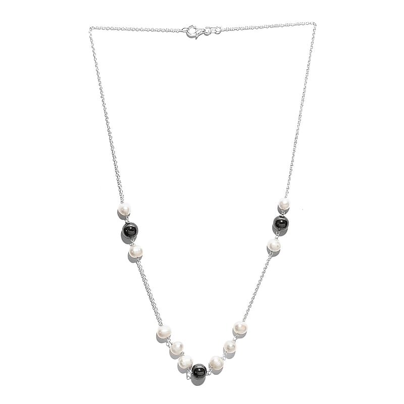 White Freshwater Pearl and Hematite Necklace 20 Inches in Sterling Silver 20.90 ctw