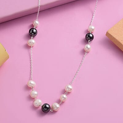White Freshwater Pearl and Hematite Necklace 20 Inches in Sterling Silver 20.90 ctw