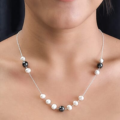 White Freshwater Pearl and Hematite Necklace 20 Inches in Sterling Silver 20.90 ctw