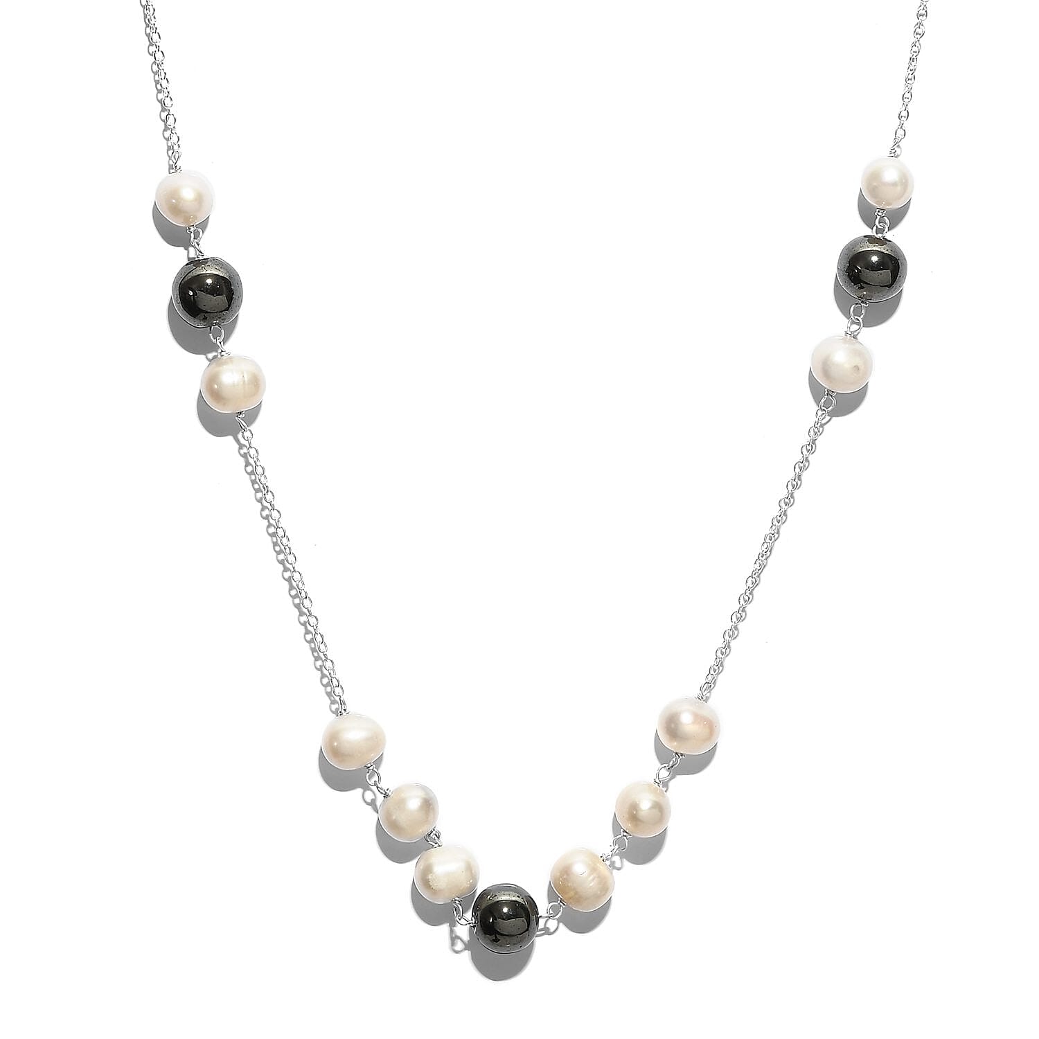 White Freshwater Pearl and Hematite Necklace 20 Inches in Sterling Silver 20.90 ctw