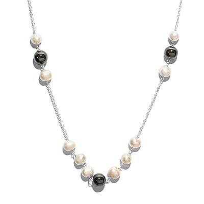 White Freshwater Pearl and Hematite Necklace 20 Inches in Sterling Silver 20.90 ctw