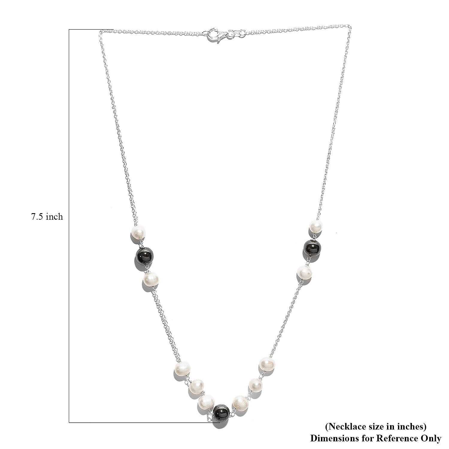 White Freshwater Pearl and Hematite Necklace 20 Inches in Sterling Silver 20.90 ctw