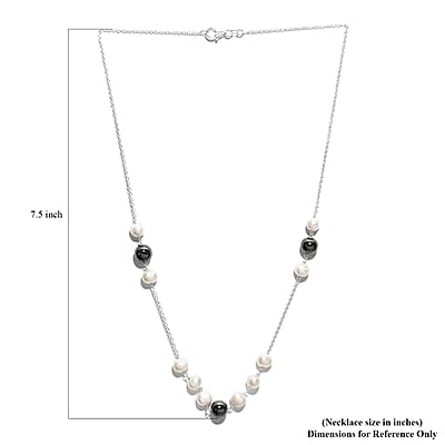 White Freshwater Pearl and Hematite Necklace 20 Inches in Sterling Silver 20.90 ctw