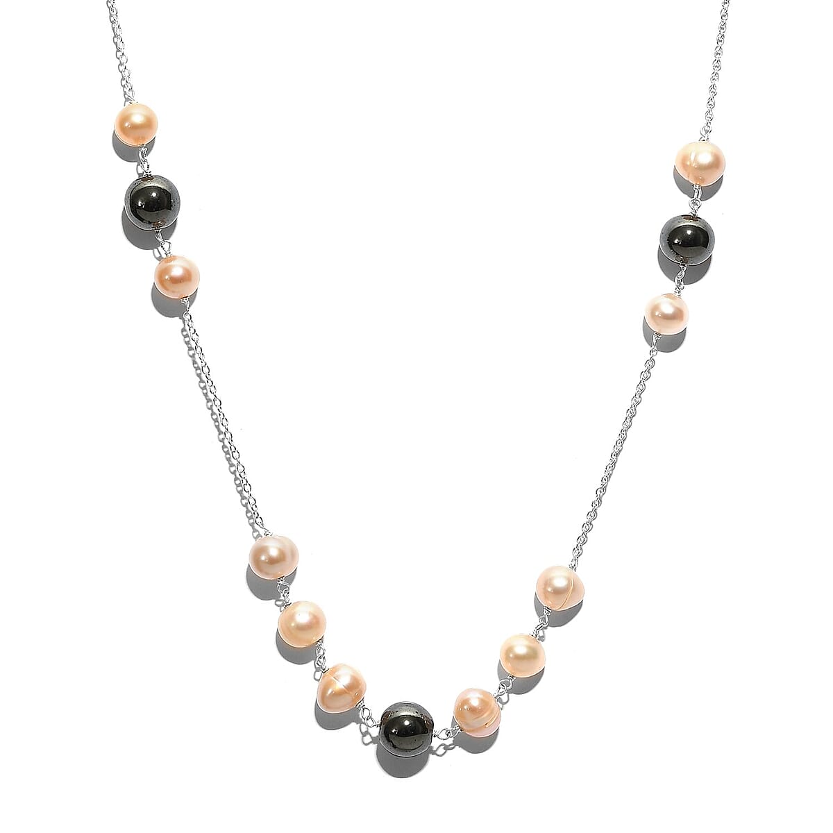 Buy Peach Freshwater Pearl and Hematite Necklace 20 Inches in