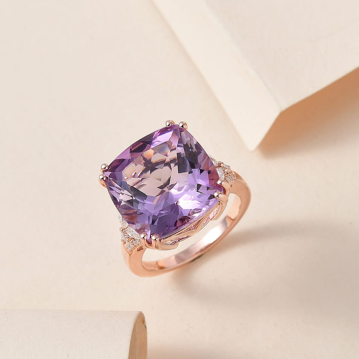 Rose De France Amethyst and Moissanite Ring in Vermeil Rose Gold Over Sterling Silver 13.85 ctw image number 1