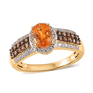 Viceroy Spessartine Garnet, White and Brown Zircon Ring in Vermeil Yellow Gold Over Sterling Silver (Size 10.0) 1.75 ctw