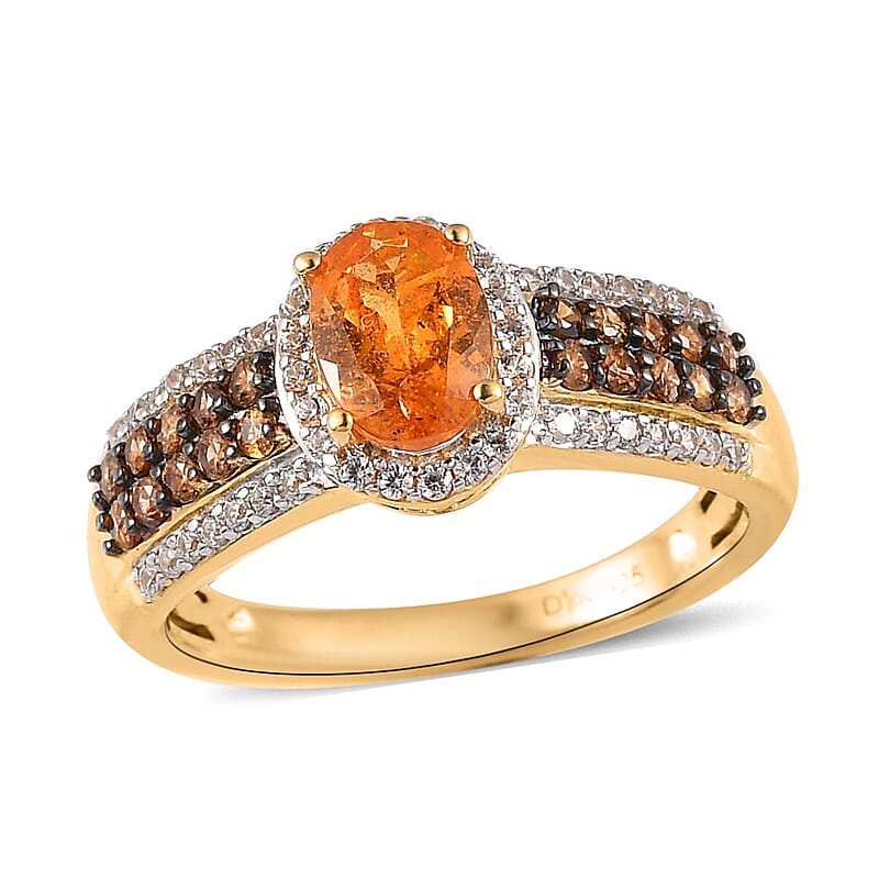 Viceroy Spessartine Garnet, White and Brown Zircon Ring in Vermeil Yellow Gold Over Sterling Silver (Size 10.0) 1.75 ctw