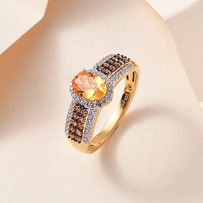 Viceroy Spessartine Garnet, White and Brown Zircon Ring in Vermeil Yellow Gold Over Sterling Silver (Size 10.0) 1.75 ctw