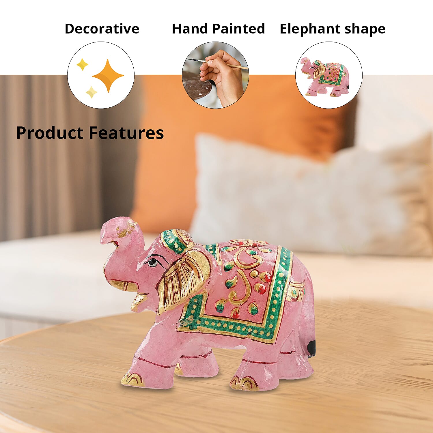 Hand Crafted & Hand Painted Natural Pink Rose Quartz Decorative Elephant Figurine - Pink