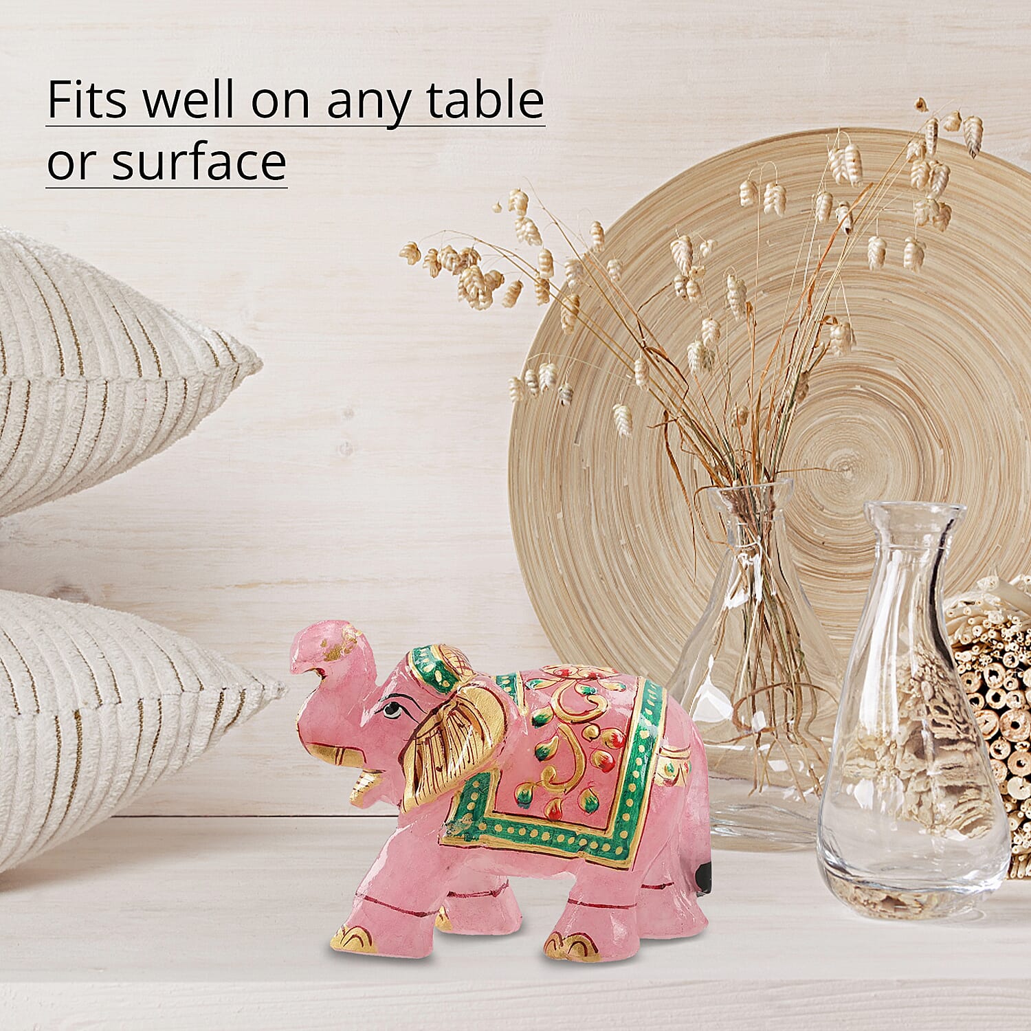Hand Crafted & Hand Painted Natural Pink Rose Quartz Decorative Elephant Figurine - Pink