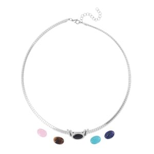 Multi Gemstone 17.50 ctw 5 Interchangeable stone with Choker Necklace in Stainless Steel 18-20 Inches, Tarnish-Free, Waterproof, Sweat Proof Jewelry