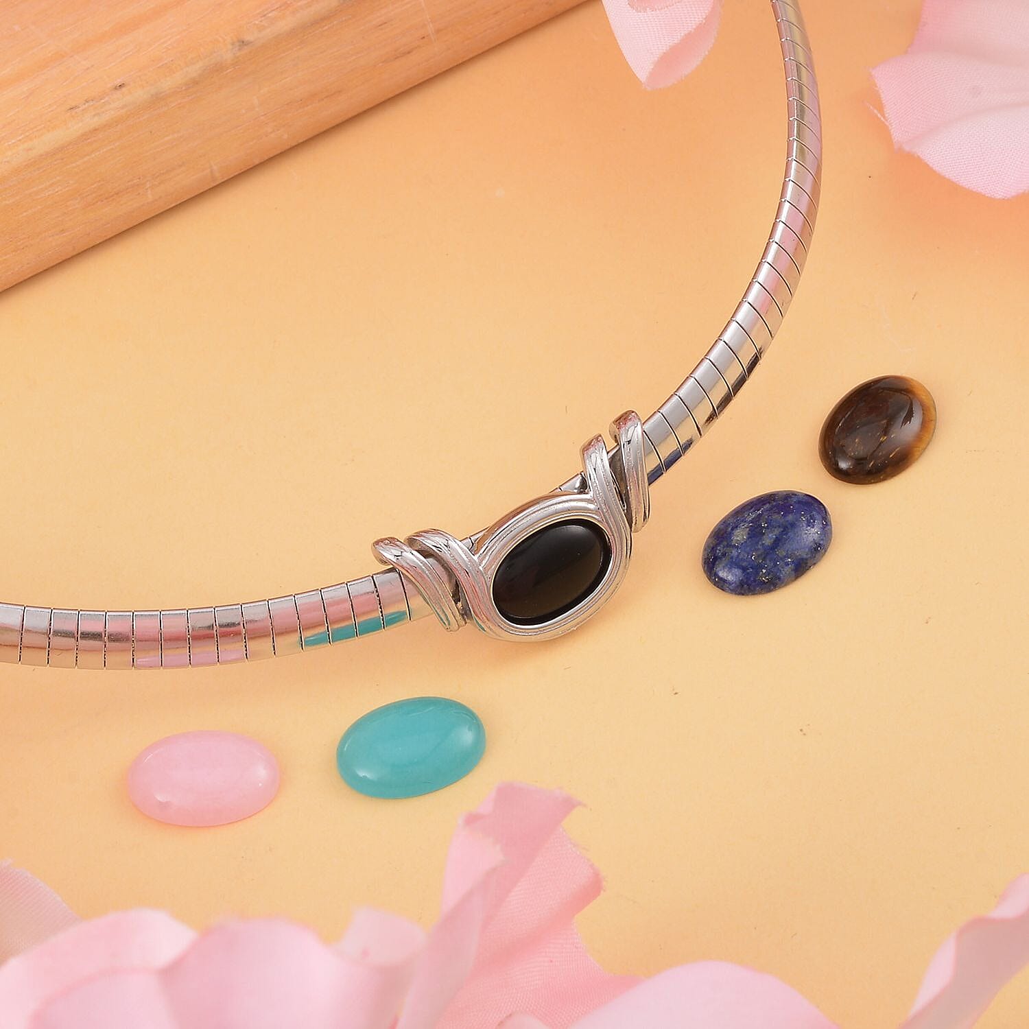 Multi Gemstone 17.50 ctw 5 Interchangeable stone with Choker Necklace in Stainless Steel 18-20 Inches, Tarnish-Free, Waterproof, Sweat Proof Jewelry