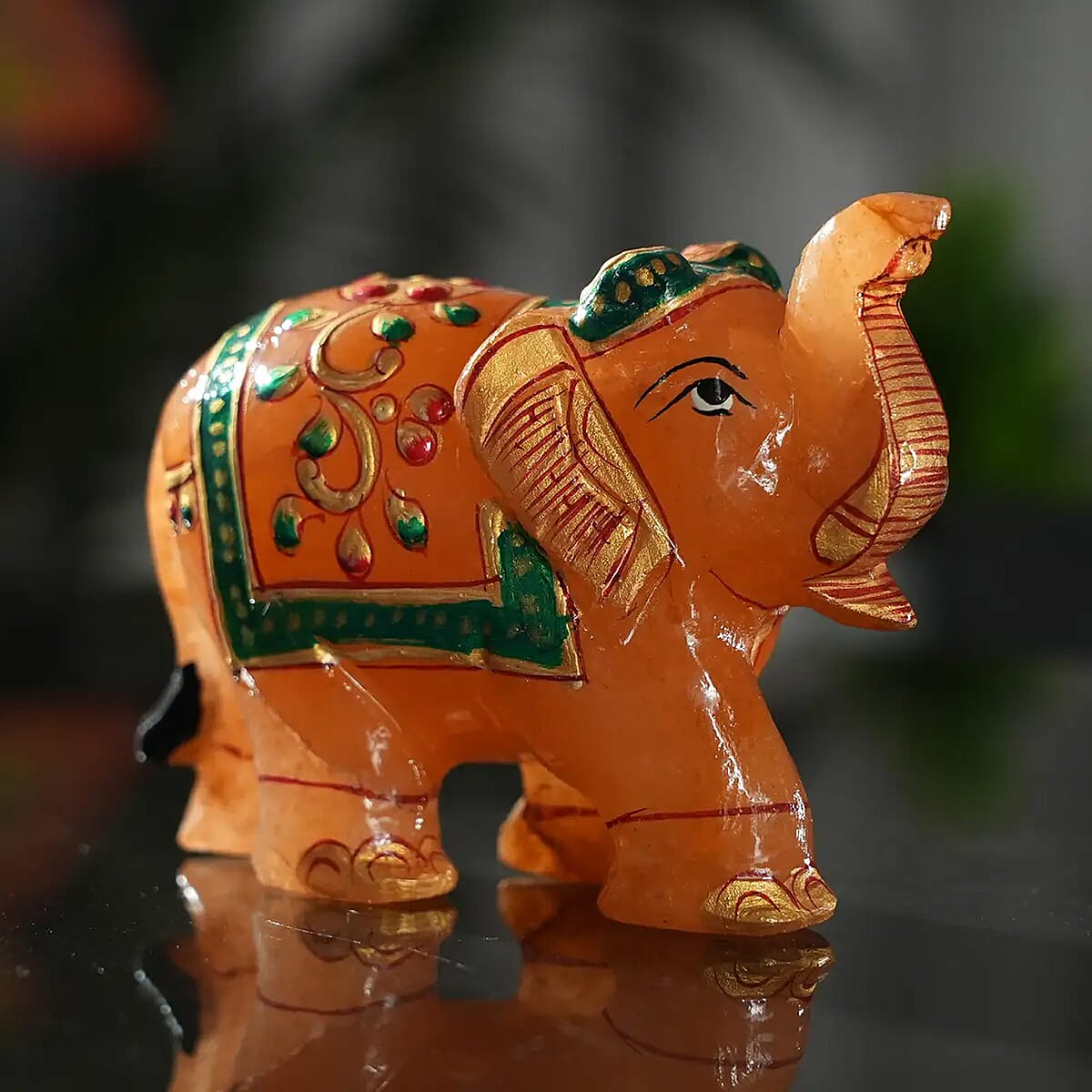Hand Crafted & Hand Painted Natural Orange Aventurine Decorative Elephant Figurine - Orange image number 1