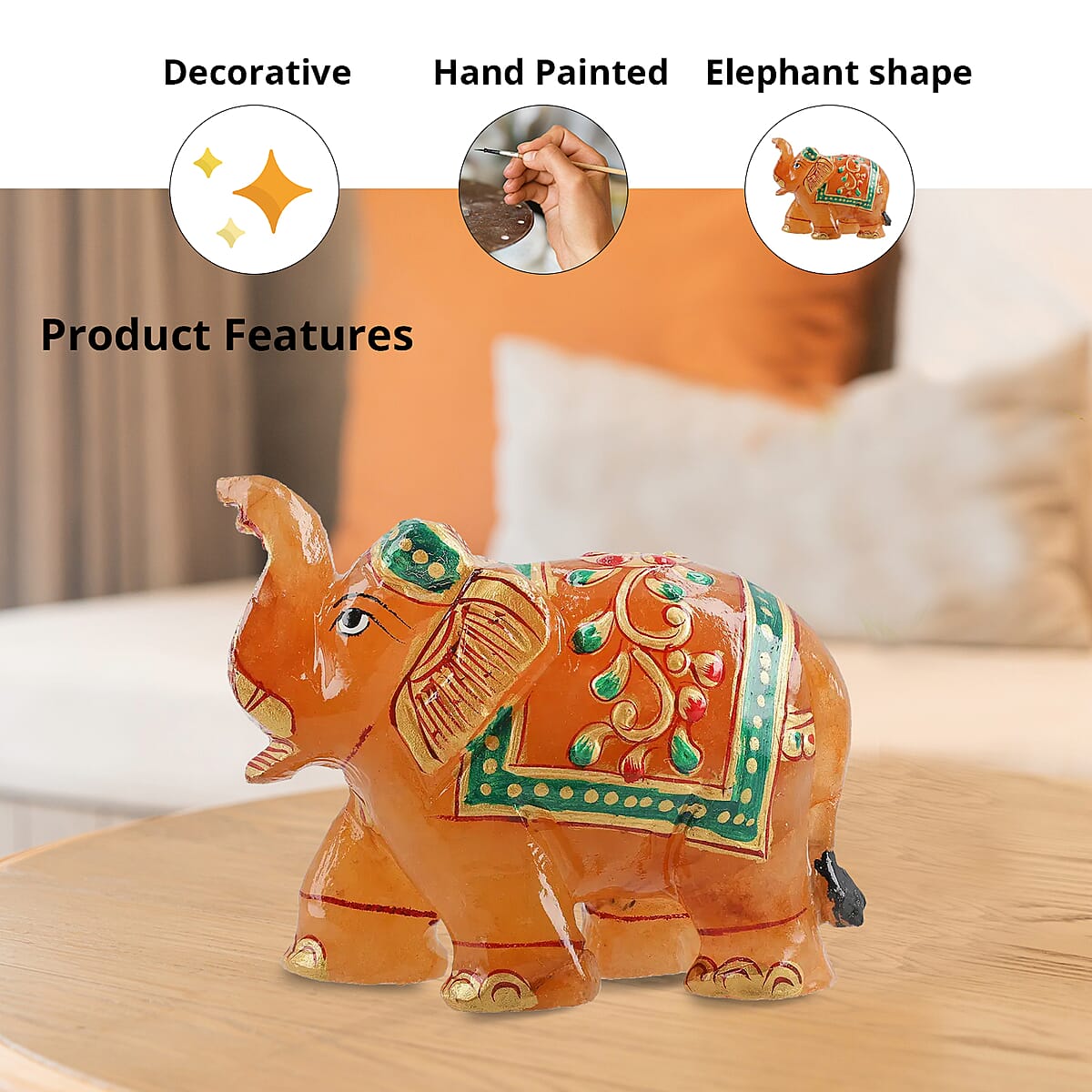 Hand Crafted & Hand Painted Natural Orange Aventurine Decorative Elephant Figurine - Orange image number 2